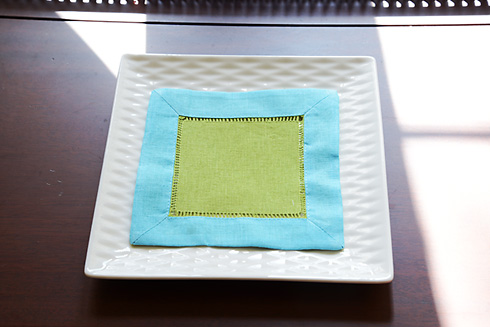 Multicolor Hemstitch Cocktail Napkin 6". Hot Green & Aqua - Click Image to Close